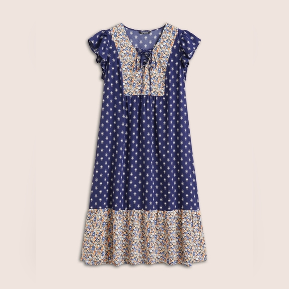 NEW NWT Plus Size Bloomchic Boho Print Ruffle Cap Sleeve Lace Up Dress - Picture 7 of 10